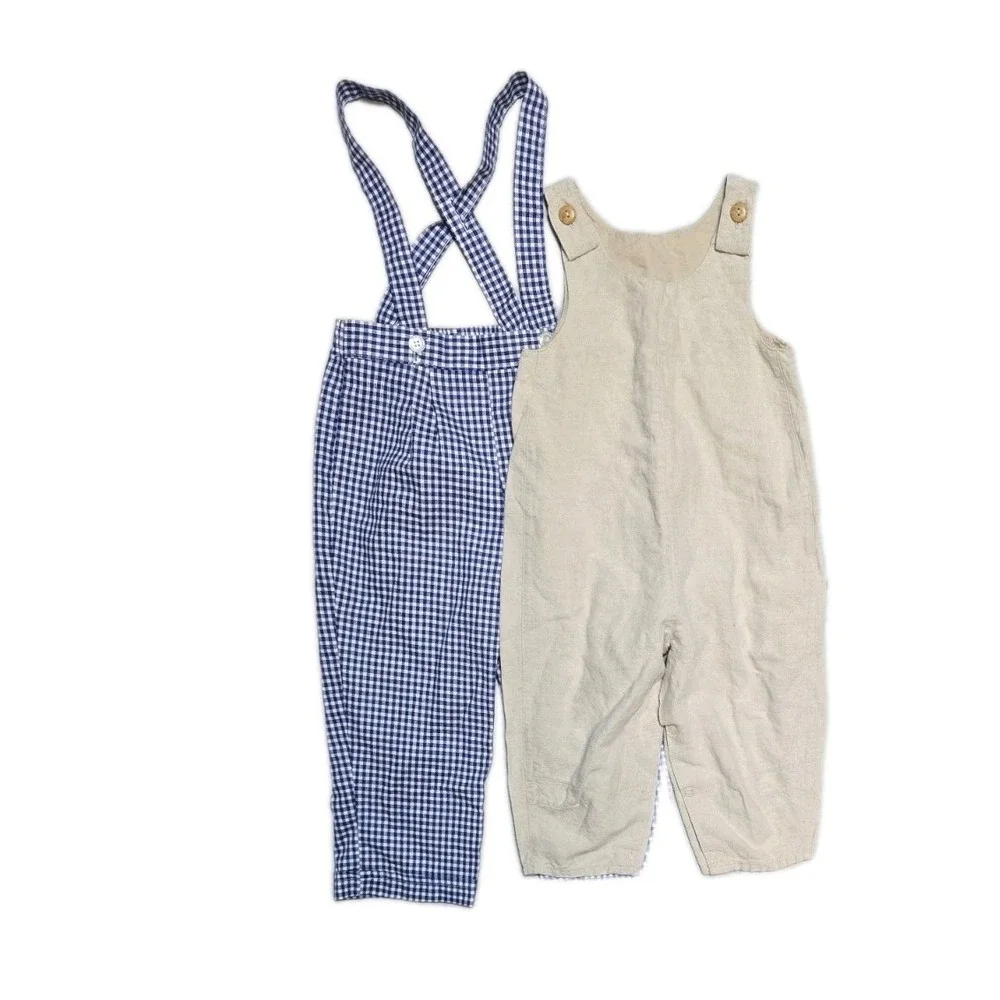 Vintage Linen Romper  24 Months Beige  Disney Pants Susperders Lot Of 2